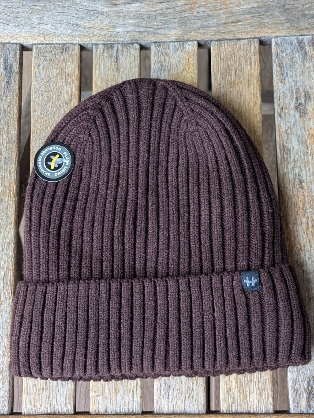 NWT Hot Paws Espresso Brown Ribbed Knit Beanie Hat Toque Plush Lining Unisex